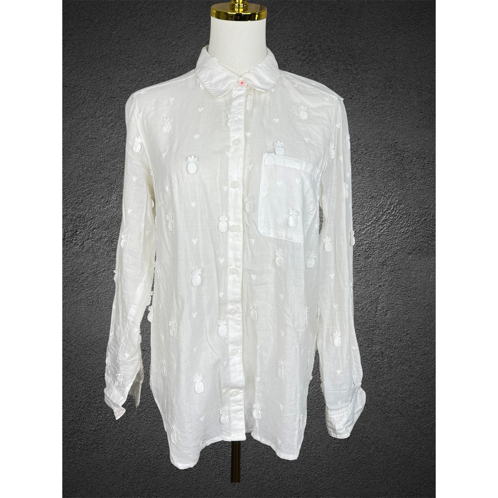Maeve Anthropologie White Pineapple Embroidered Button Down Shirt Size 6
